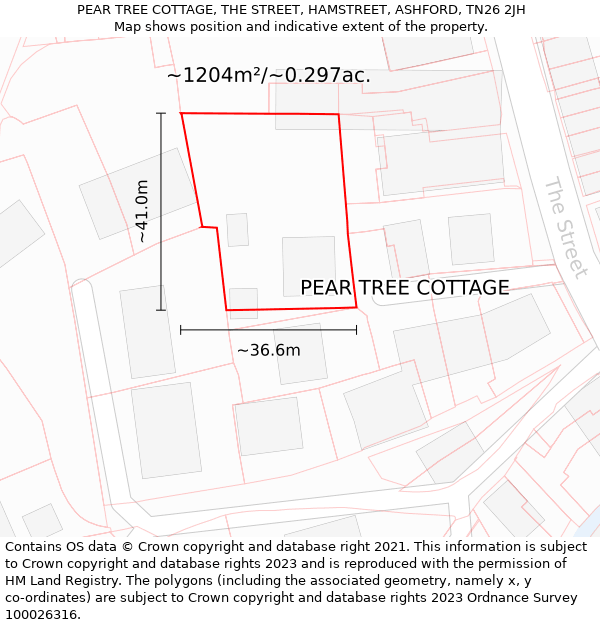 PEAR TREE COTTAGE, THE STREET, HAMSTREET, ASHFORD, TN26 2JH: Plot and title map