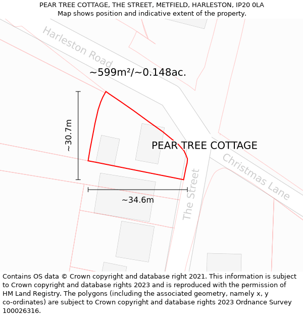 PEAR TREE COTTAGE, THE STREET, METFIELD, HARLESTON, IP20 0LA: Plot and title map