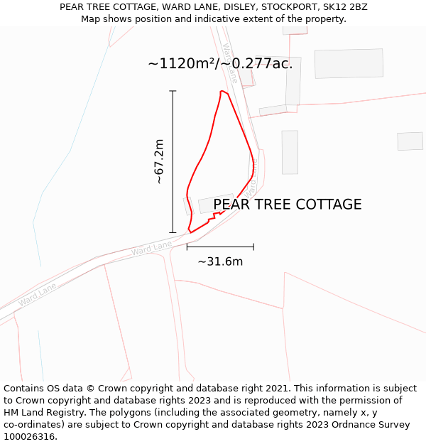 PEAR TREE COTTAGE, WARD LANE, DISLEY, STOCKPORT, SK12 2BZ: Plot and title map