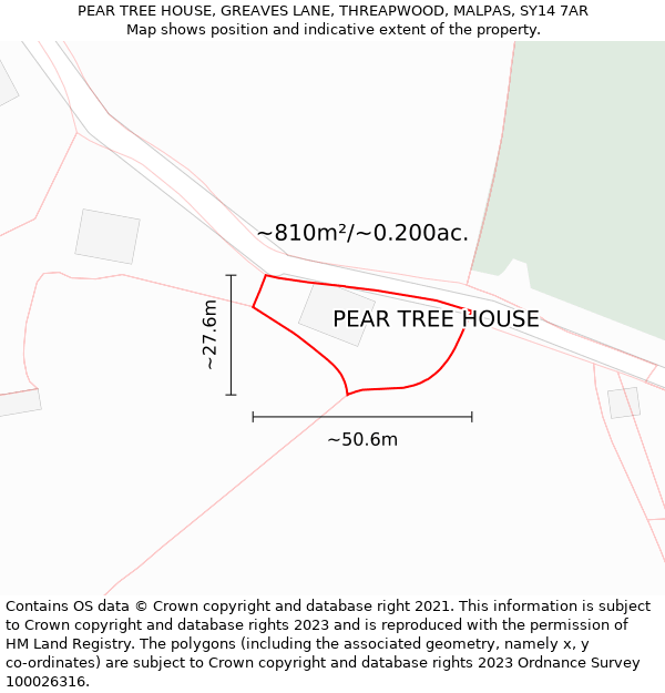 PEAR TREE HOUSE, GREAVES LANE, THREAPWOOD, MALPAS, SY14 7AR: Plot and title map