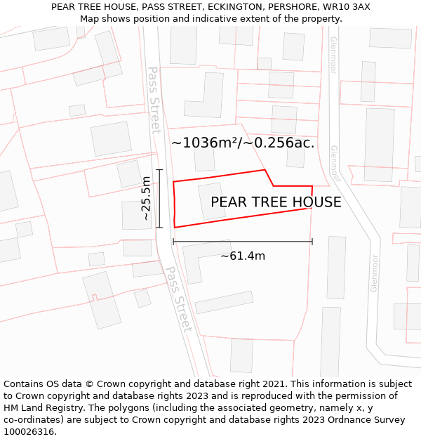 PEAR TREE HOUSE, PASS STREET, ECKINGTON, PERSHORE, WR10 3AX: Plot and title map