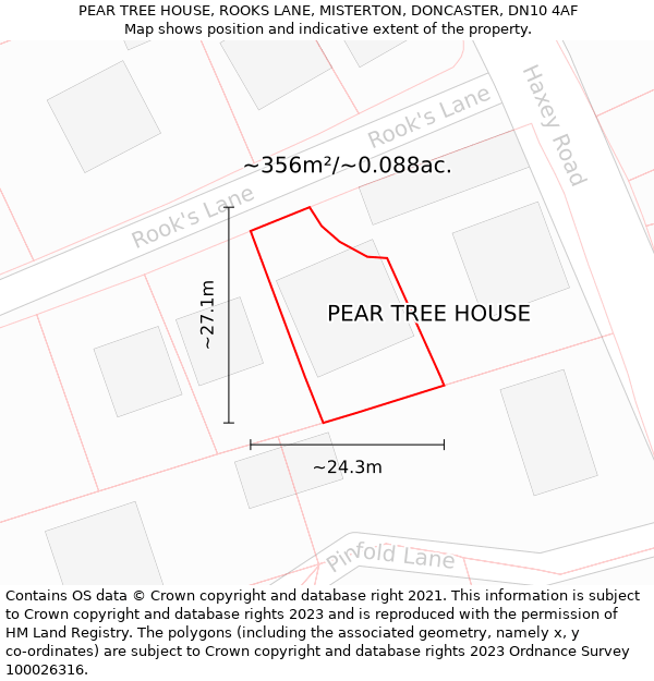 PEAR TREE HOUSE, ROOKS LANE, MISTERTON, DONCASTER, DN10 4AF: Plot and title map