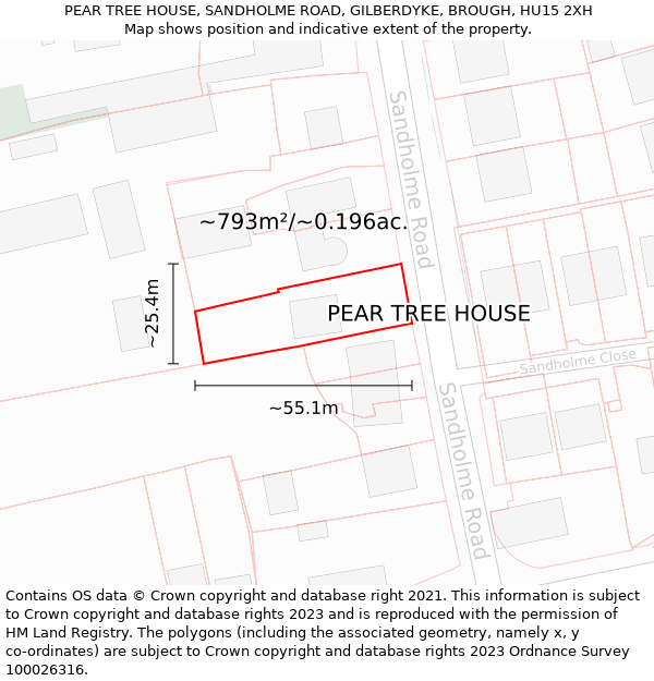 PEAR TREE HOUSE, SANDHOLME ROAD, GILBERDYKE, BROUGH, HU15 2XH: Plot and title map