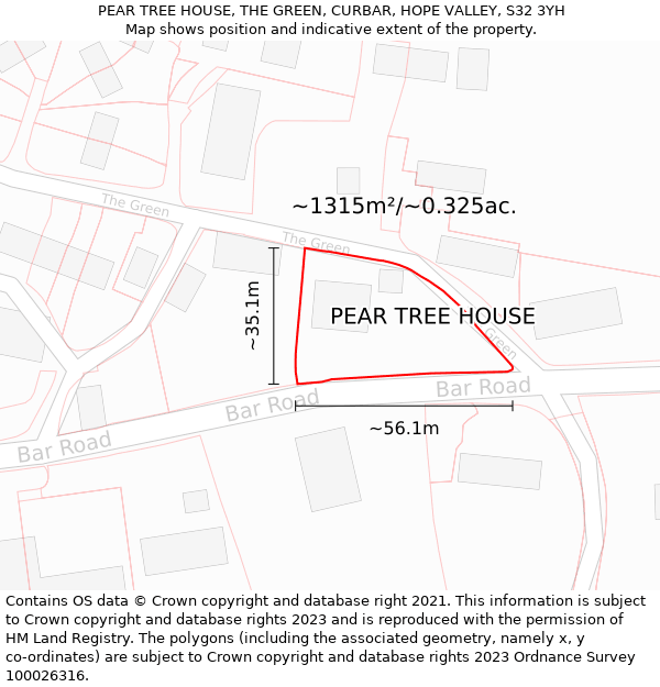 PEAR TREE HOUSE, THE GREEN, CURBAR, HOPE VALLEY, S32 3YH: Plot and title map