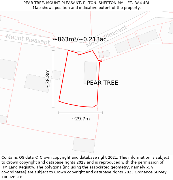 PEAR TREE, MOUNT PLEASANT, PILTON, SHEPTON MALLET, BA4 4BL: Plot and title map