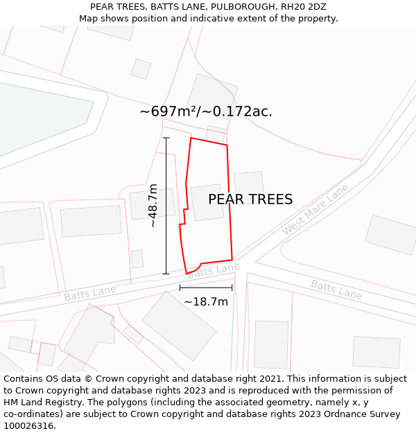 PEAR TREES, BATTS LANE, PULBOROUGH, RH20 2DZ: Plot and title map