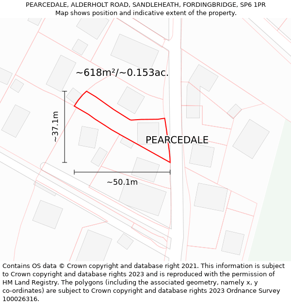 PEARCEDALE, ALDERHOLT ROAD, SANDLEHEATH, FORDINGBRIDGE, SP6 1PR: Plot and title map