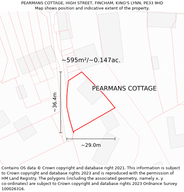 PEARMANS COTTAGE, HIGH STREET, FINCHAM, KING'S LYNN, PE33 9HD: Plot and title map