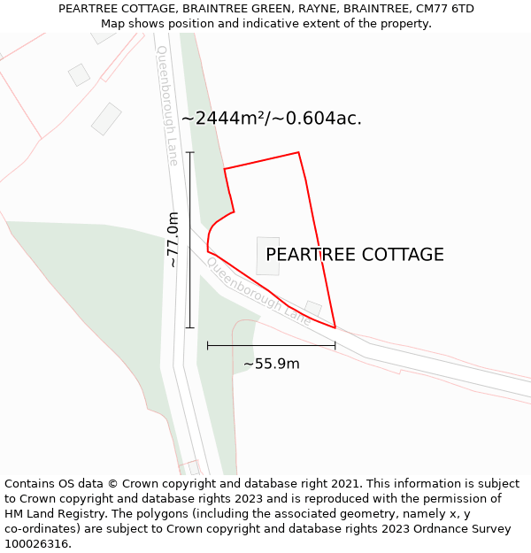 PEARTREE COTTAGE, BRAINTREE GREEN, RAYNE, BRAINTREE, CM77 6TD: Plot and title map