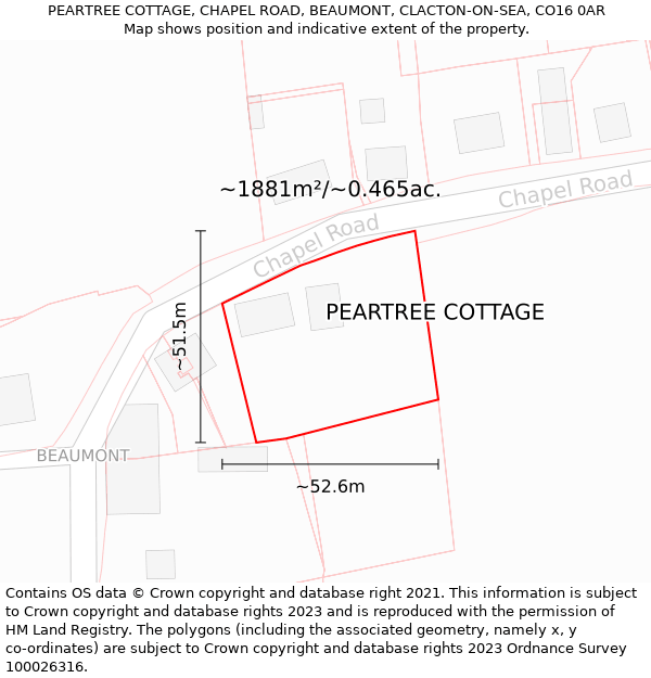 PEARTREE COTTAGE, CHAPEL ROAD, BEAUMONT, CLACTON-ON-SEA, CO16 0AR: Plot and title map