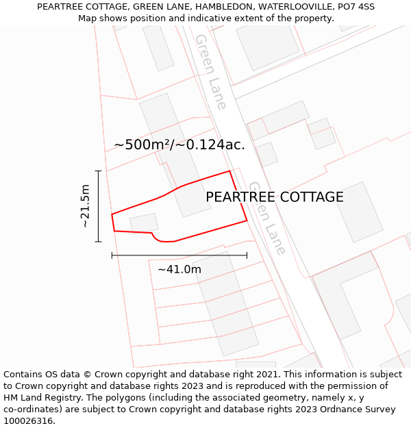 PEARTREE COTTAGE, GREEN LANE, HAMBLEDON, WATERLOOVILLE, PO7 4SS: Plot and title map