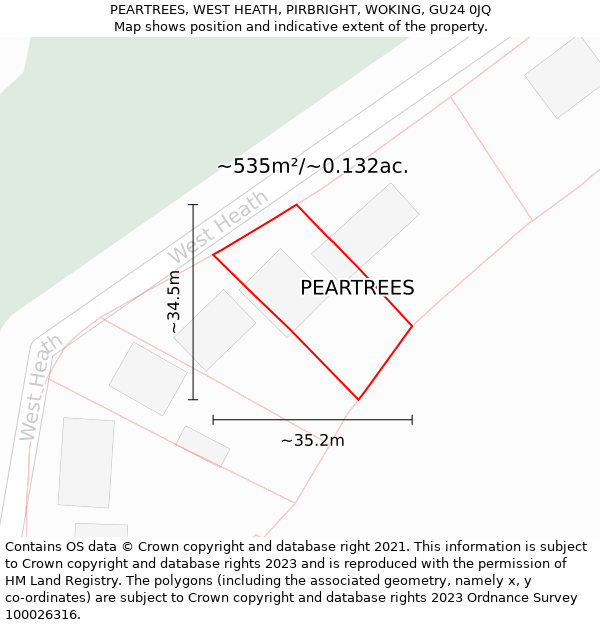 PEARTREES, WEST HEATH, PIRBRIGHT, WOKING, GU24 0JQ: Plot and title map