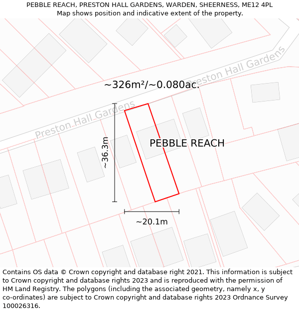 PEBBLE REACH, PRESTON HALL GARDENS, WARDEN, SHEERNESS, ME12 4PL: Plot and title map