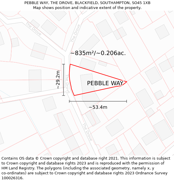 PEBBLE WAY, THE DROVE, BLACKFIELD, SOUTHAMPTON, SO45 1XB: Plot and title map