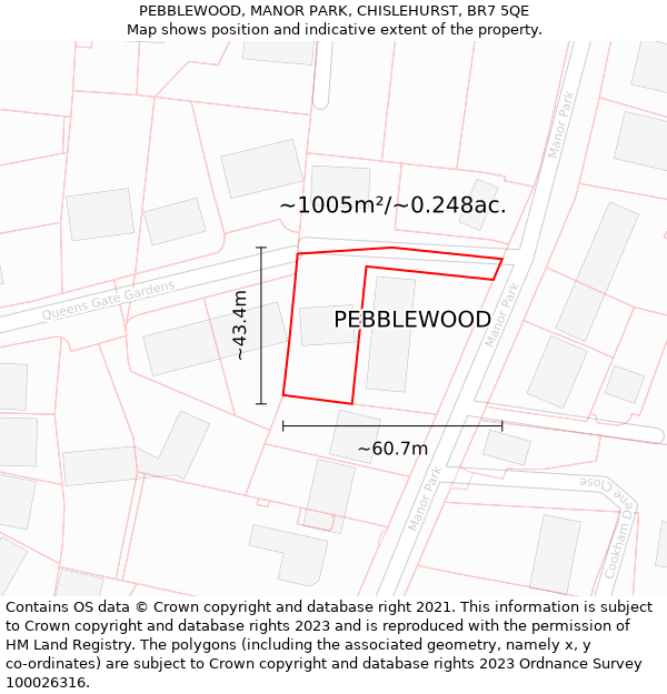 PEBBLEWOOD, MANOR PARK, CHISLEHURST, BR7 5QE: Plot and title map