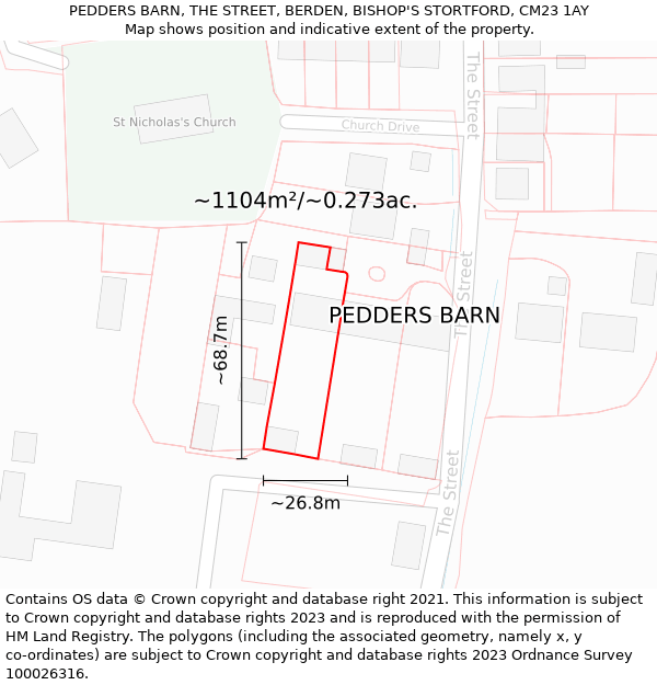 PEDDERS BARN, THE STREET, BERDEN, BISHOP'S STORTFORD, CM23 1AY: Plot and title map