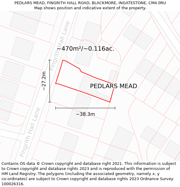 PEDLARS MEAD, FINGRITH HALL ROAD, BLACKMORE, INGATESTONE, CM4 0RU: Plot and title map