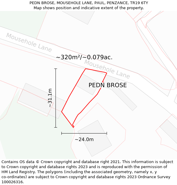 PEDN BROSE, MOUSEHOLE LANE, PAUL, PENZANCE, TR19 6TY: Plot and title map