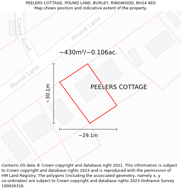 PEELERS COTTAGE, POUND LANE, BURLEY, RINGWOOD, BH24 4ED: Plot and title map