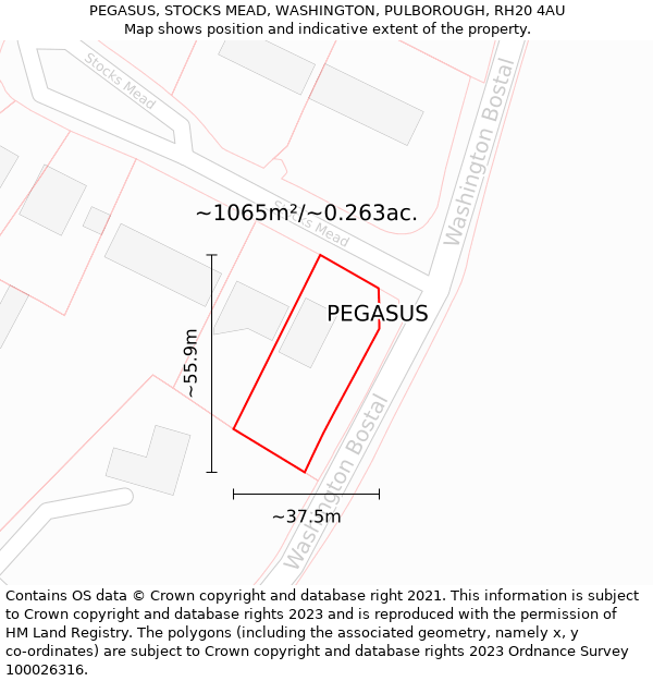 PEGASUS, STOCKS MEAD, WASHINGTON, PULBOROUGH, RH20 4AU: Plot and title map