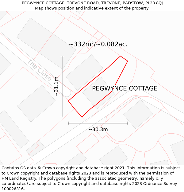 PEGWYNCE COTTAGE, TREVONE ROAD, TREVONE, PADSTOW, PL28 8QJ: Plot and title map