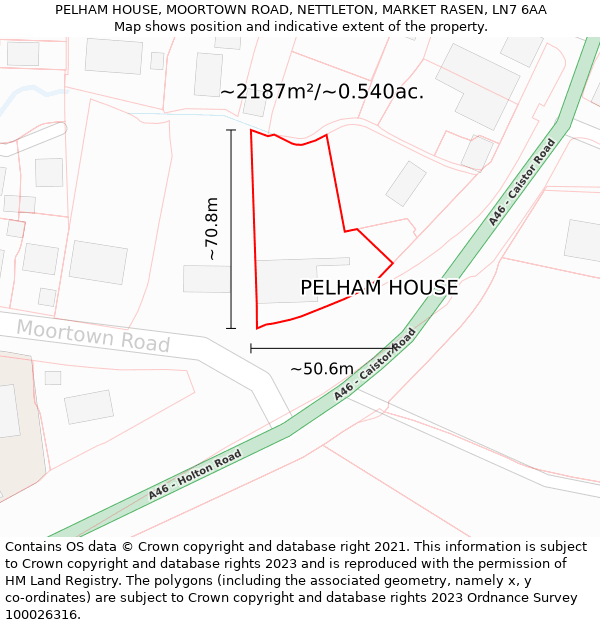 PELHAM HOUSE, MOORTOWN ROAD, NETTLETON, MARKET RASEN, LN7 6AA: Plot and title map