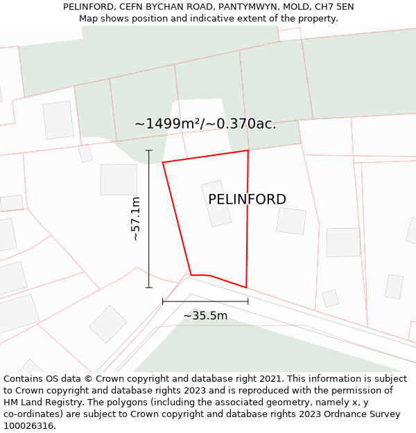 PELINFORD, CEFN BYCHAN ROAD, PANTYMWYN, MOLD, CH7 5EN: Plot and title map