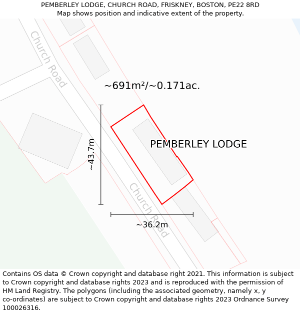 PEMBERLEY LODGE, CHURCH ROAD, FRISKNEY, BOSTON, PE22 8RD: Plot and title map