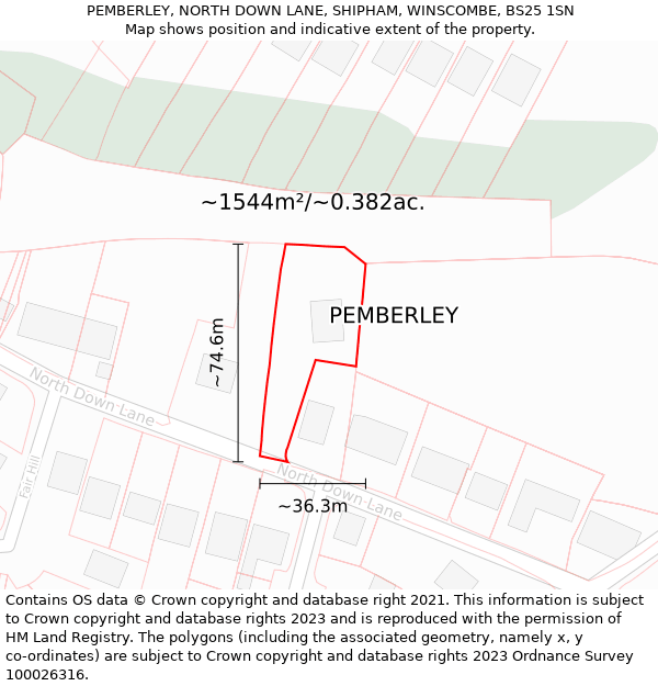 PEMBERLEY, NORTH DOWN LANE, SHIPHAM, WINSCOMBE, BS25 1SN: Plot and title map