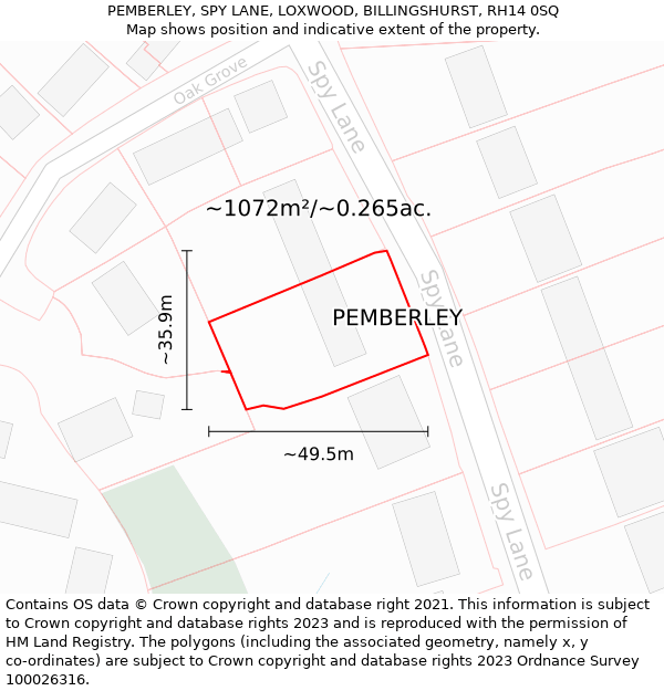 PEMBERLEY, SPY LANE, LOXWOOD, BILLINGSHURST, RH14 0SQ: Plot and title map