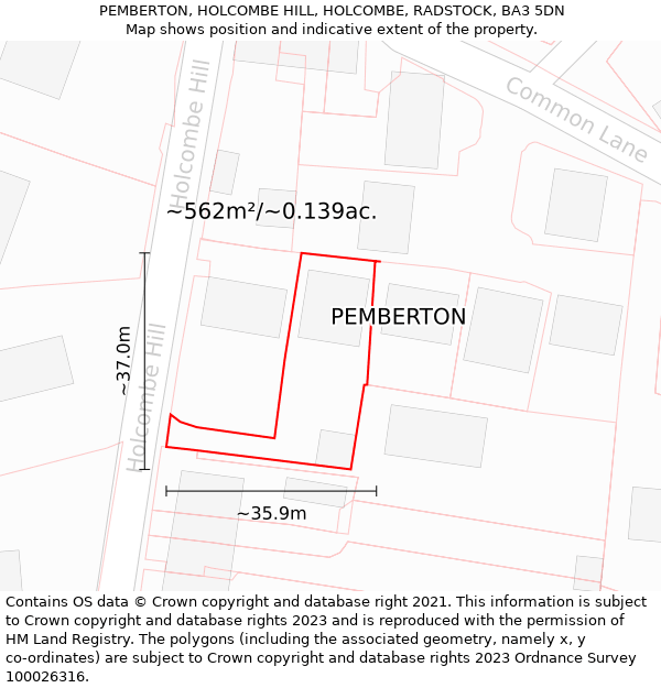 PEMBERTON, HOLCOMBE HILL, HOLCOMBE, RADSTOCK, BA3 5DN: Plot and title map