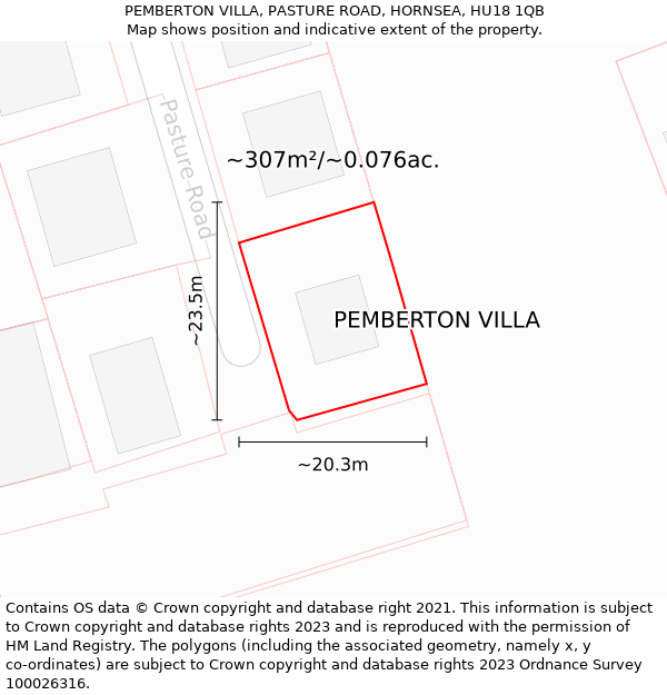 PEMBERTON VILLA, PASTURE ROAD, HORNSEA, HU18 1QB: Plot and title map