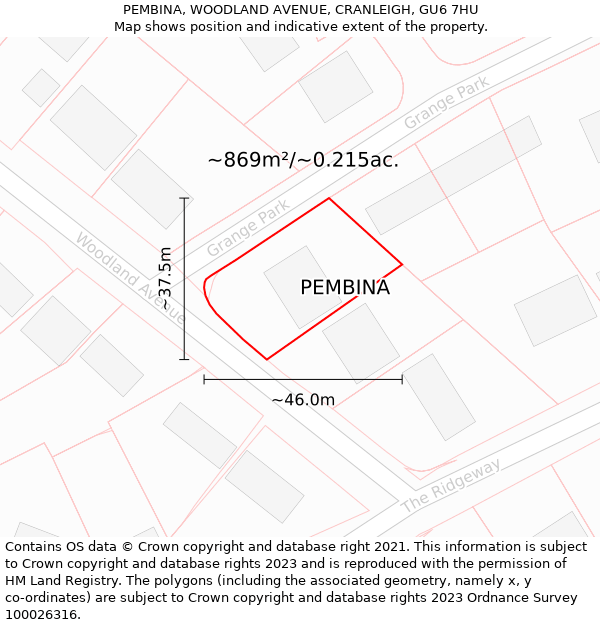 PEMBINA, WOODLAND AVENUE, CRANLEIGH, GU6 7HU: Plot and title map
