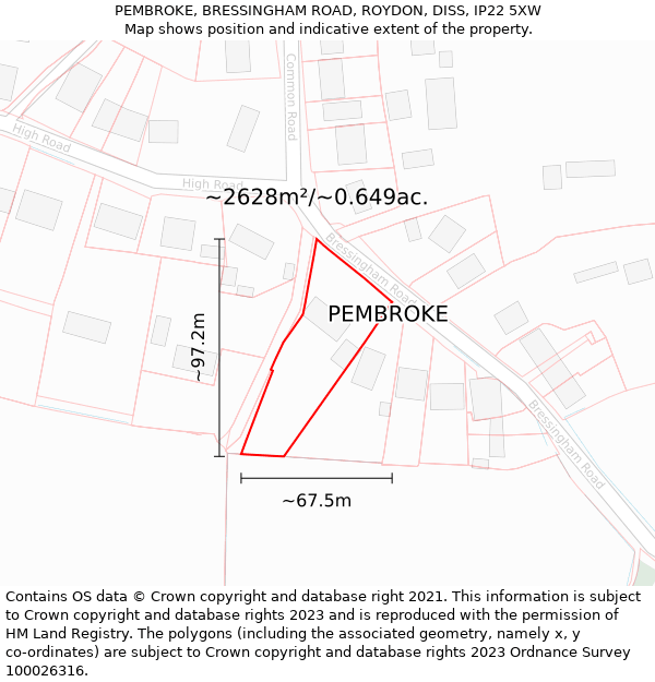 PEMBROKE, BRESSINGHAM ROAD, ROYDON, DISS, IP22 5XW: Plot and title map