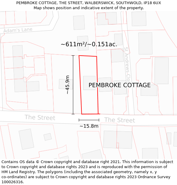 PEMBROKE COTTAGE, THE STREET, WALBERSWICK, SOUTHWOLD, IP18 6UX: Plot and title map
