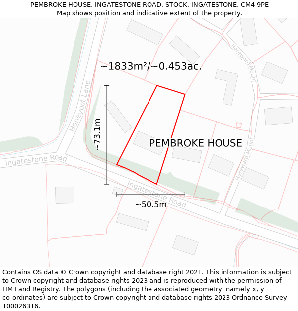 PEMBROKE HOUSE, INGATESTONE ROAD, STOCK, INGATESTONE, CM4 9PE: Plot and title map