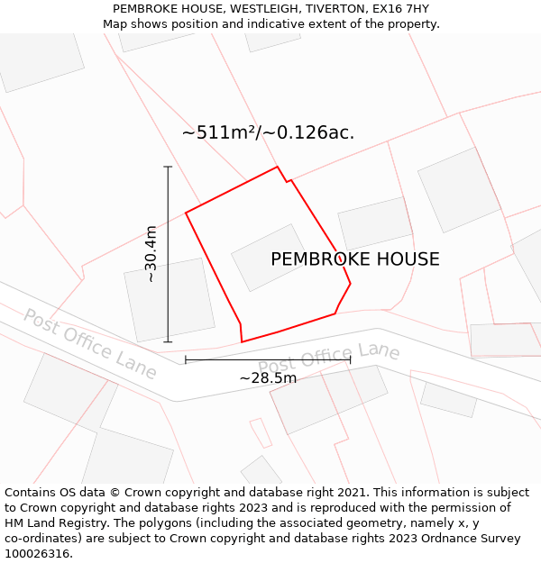 PEMBROKE HOUSE, WESTLEIGH, TIVERTON, EX16 7HY: Plot and title map