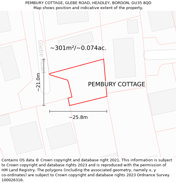 PEMBURY COTTAGE, GLEBE ROAD, HEADLEY, BORDON, GU35 8QD: Plot and title map