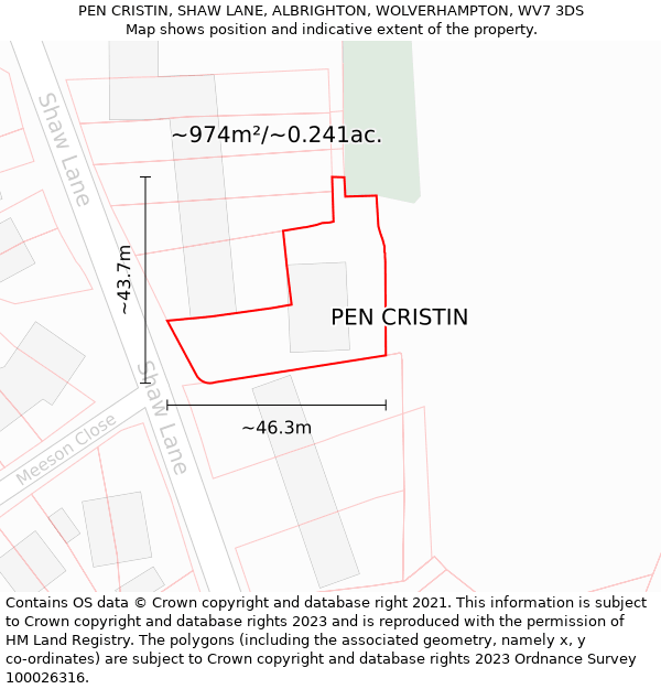 PEN CRISTIN, SHAW LANE, ALBRIGHTON, WOLVERHAMPTON, WV7 3DS: Plot and title map