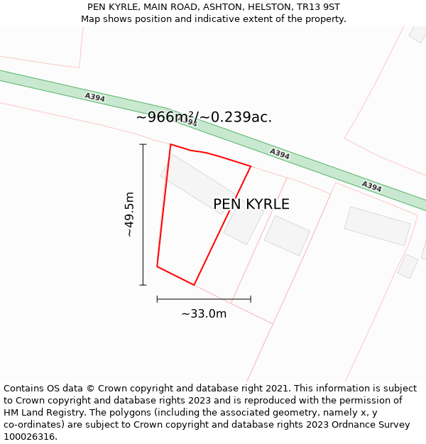 PEN KYRLE, MAIN ROAD, ASHTON, HELSTON, TR13 9ST: Plot and title map