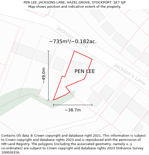 PEN LEE, JACKSONS LANE, HAZEL GROVE, STOCKPORT, SK7 5JP: Plot and title map