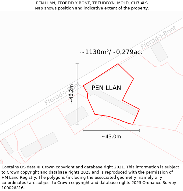 PEN LLAN, FFORDD Y BONT, TREUDDYN, MOLD, CH7 4LS: Plot and title map