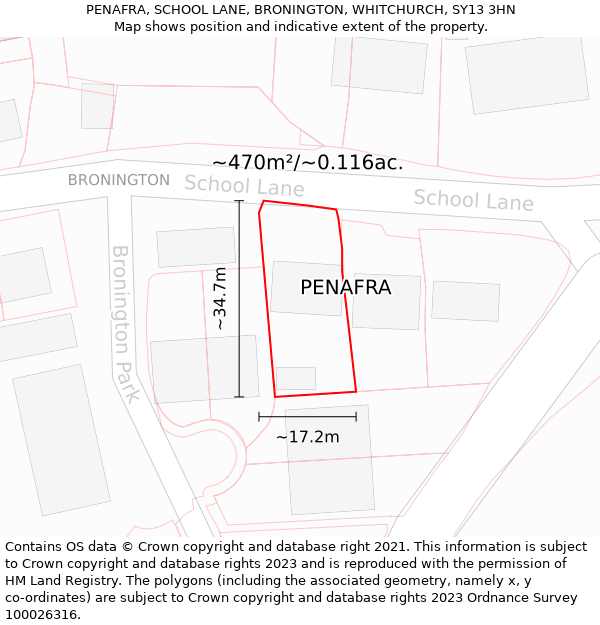 PENAFRA, SCHOOL LANE, BRONINGTON, WHITCHURCH, SY13 3HN: Plot and title map