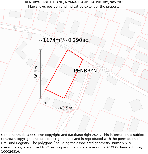 PENBRYN, SOUTH LANE, NOMANSLAND, SALISBURY, SP5 2BZ: Plot and title map