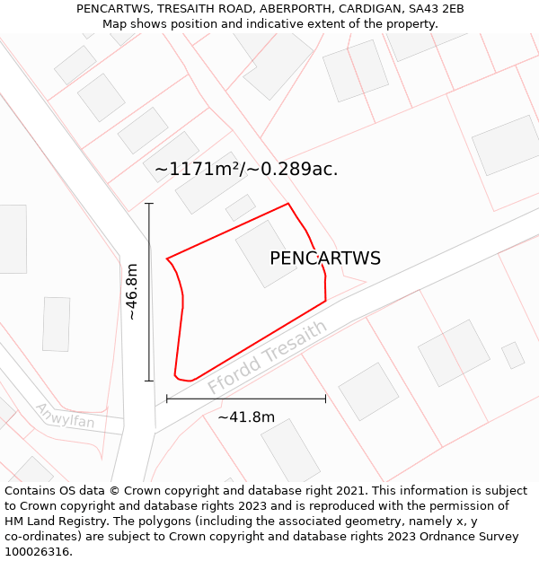 PENCARTWS, TRESAITH ROAD, ABERPORTH, CARDIGAN, SA43 2EB: Plot and title map