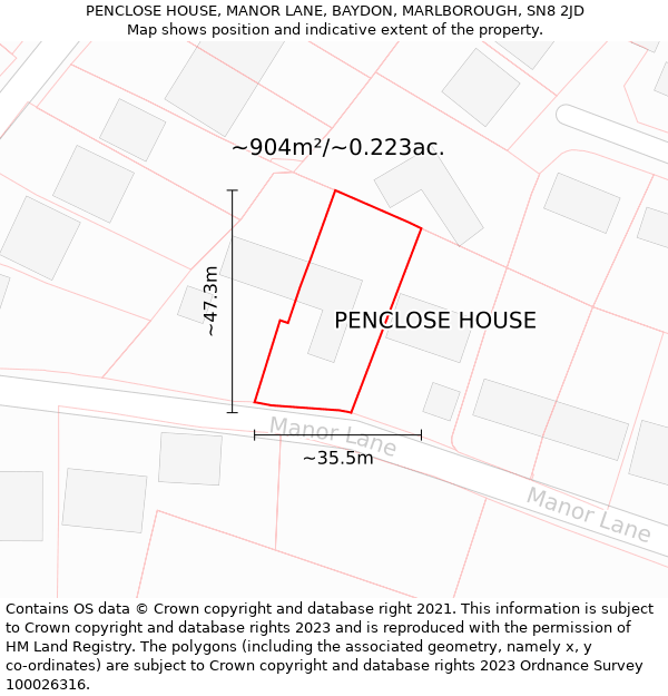 PENCLOSE HOUSE, MANOR LANE, BAYDON, MARLBOROUGH, SN8 2JD: Plot and title map