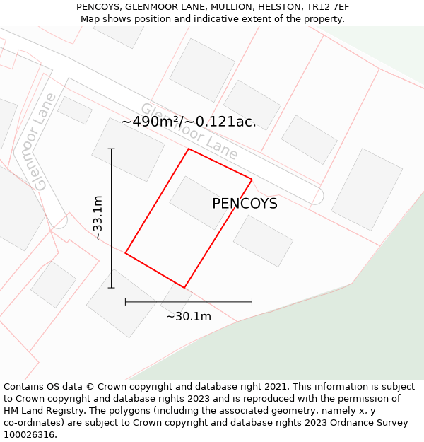 PENCOYS, GLENMOOR LANE, MULLION, HELSTON, TR12 7EF: Plot and title map