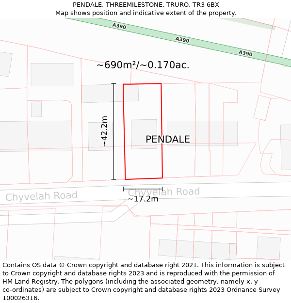 PENDALE, THREEMILESTONE, TRURO, TR3 6BX: Plot and title map