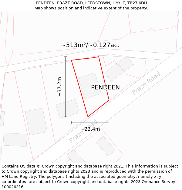 PENDEEN, PRAZE ROAD, LEEDSTOWN, HAYLE, TR27 6DH: Plot and title map