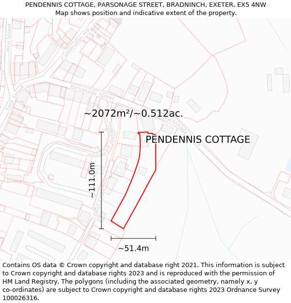 PENDENNIS COTTAGE, PARSONAGE STREET, BRADNINCH, EXETER, EX5 4NW: Plot and title map